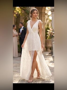NEW PARADISO Elegant White Lace High-Low Dress with Tie Shoulders SIZE L